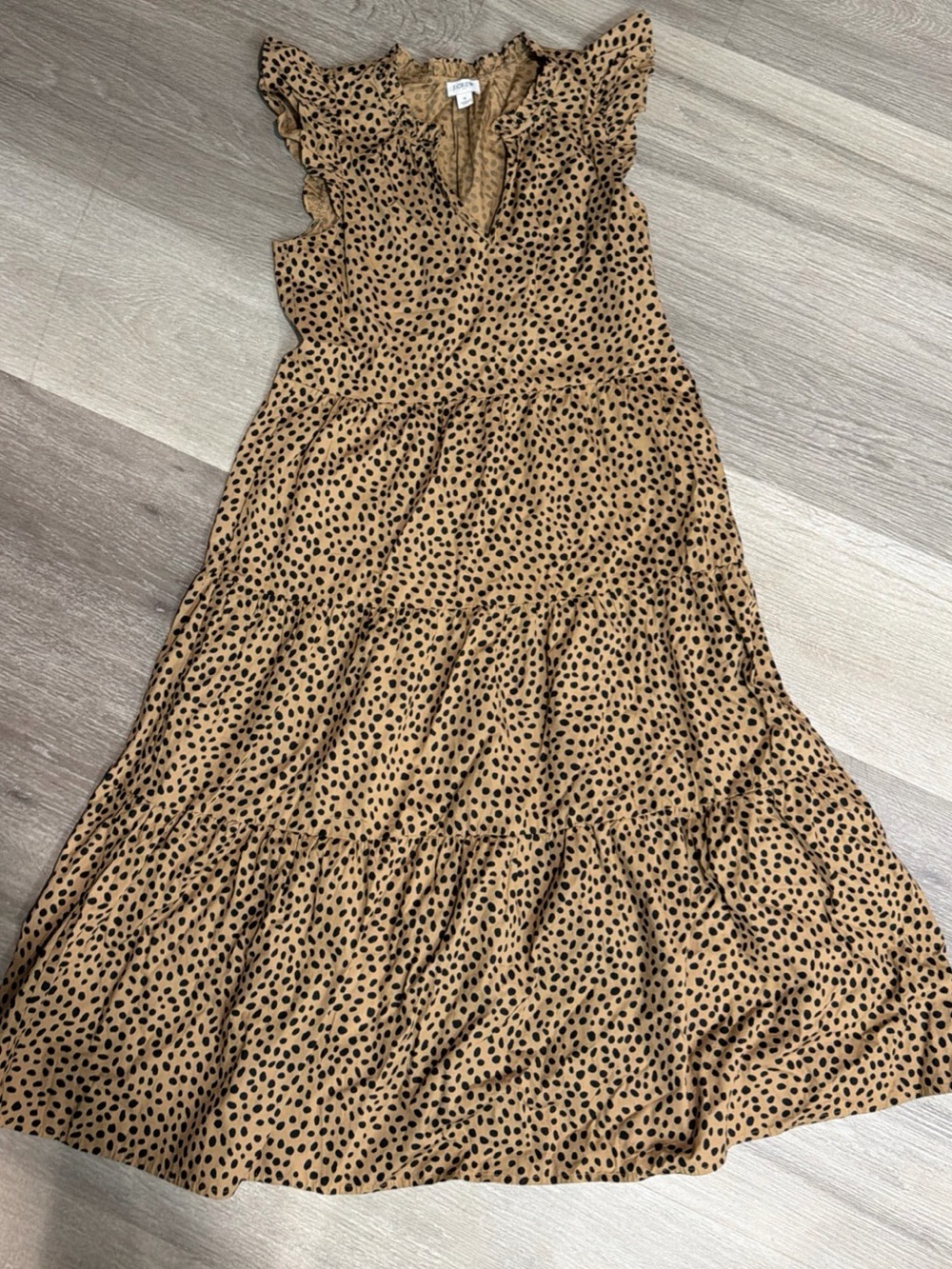 J. Crew Tan Midi Dress Black Polka Dot Spot Print and Ruffle Sleeves Size Small